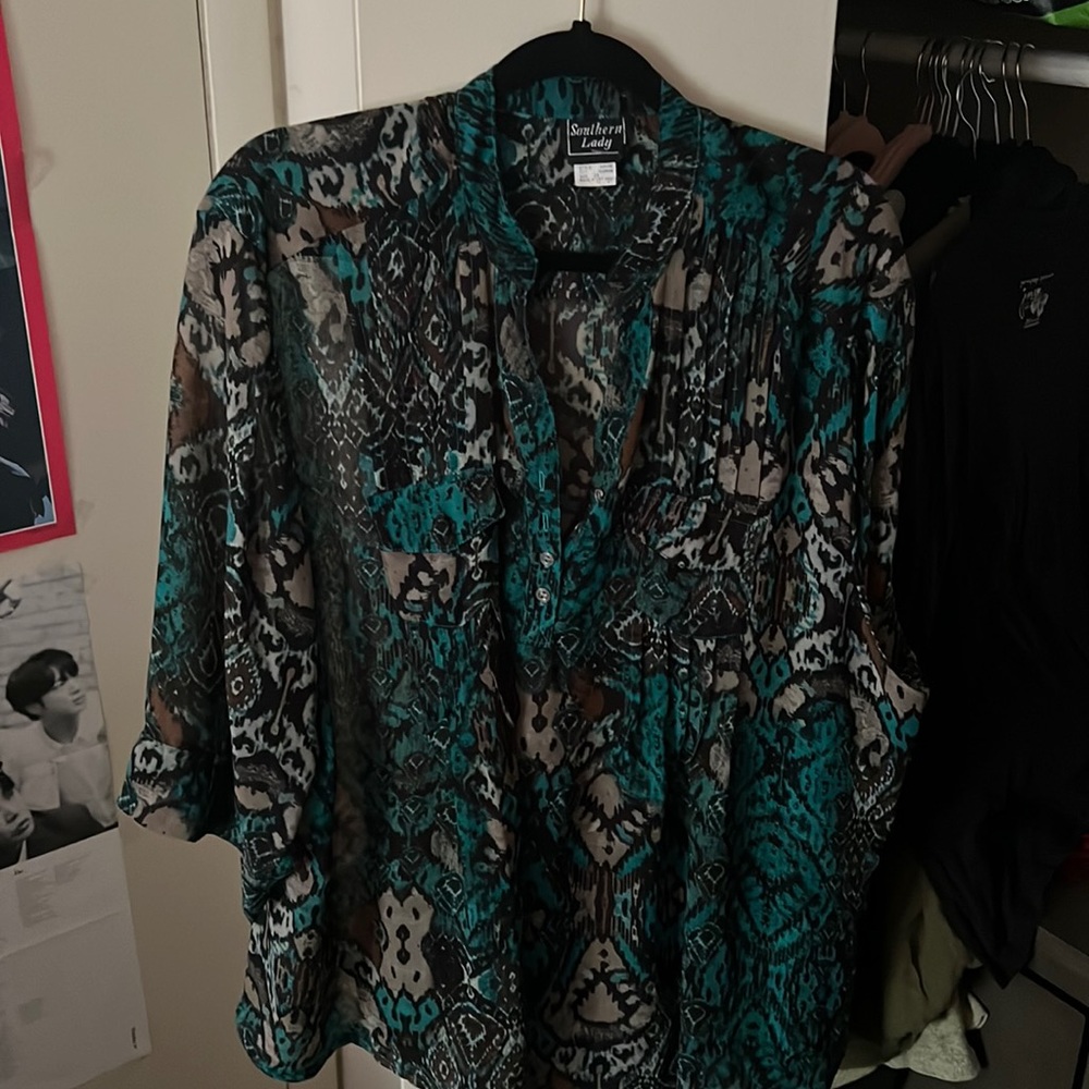 PLUS SIZE Dress Shirt. 3XL. Brown, Turquoise and Tan.